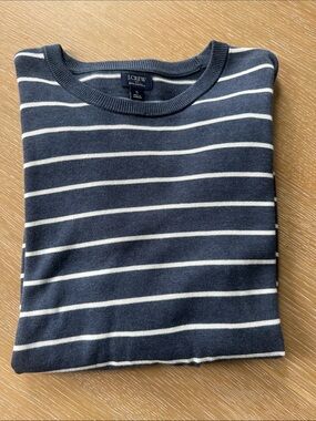 J. Crew Navy and White Striped Cotton Crewneck Sweater
